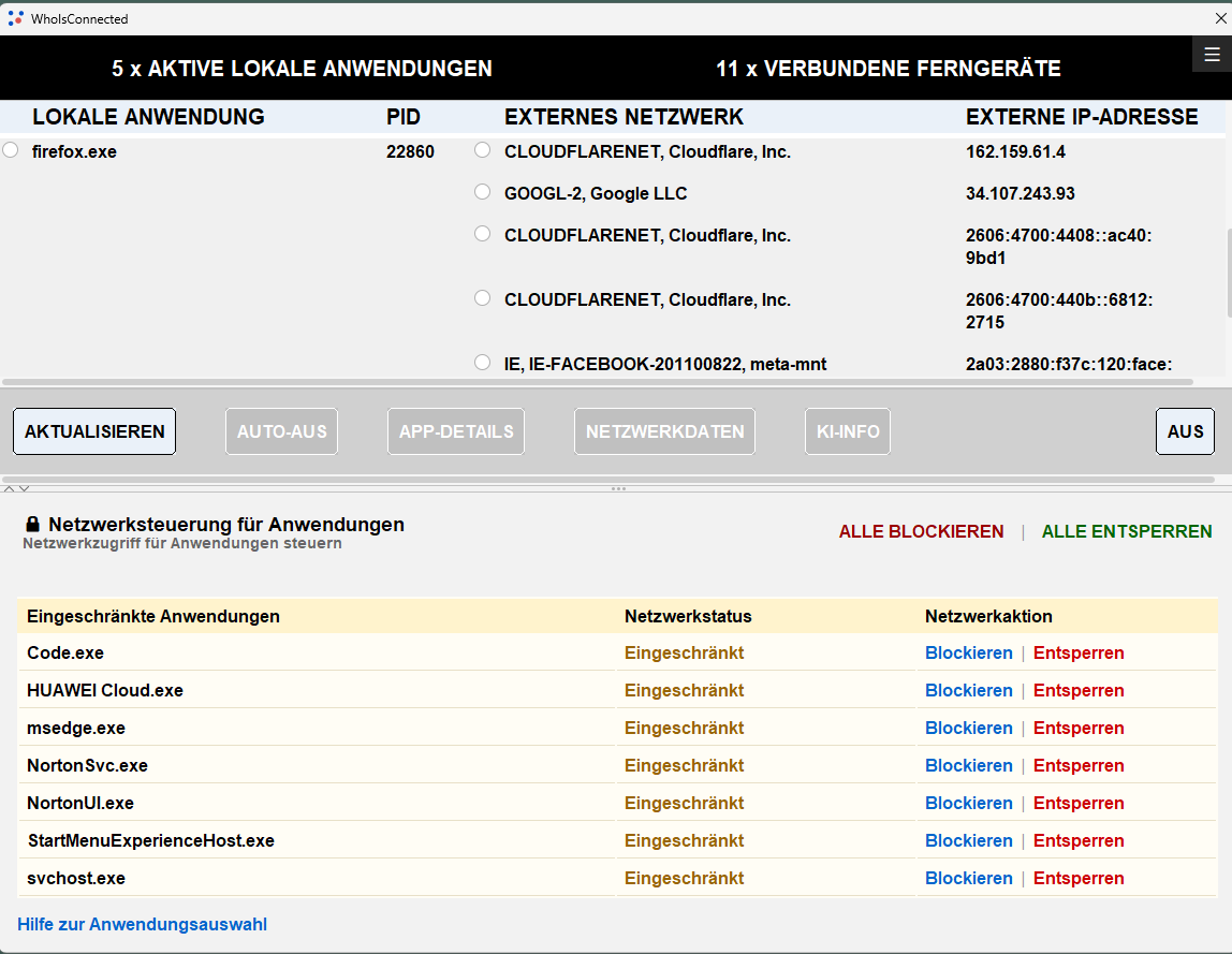 Liste „Eingeschränkte Anwendungen“ mit Code.exe und weiteren Anwendungen sowie den Aktionen Blockieren und Entsperren
