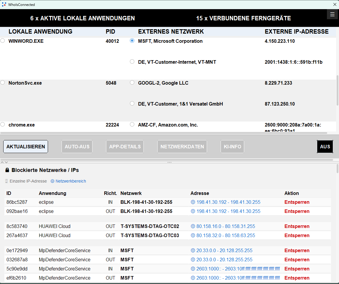 Liste blockierter Netzwerke und IP-Adressen mit der Aktion Entsperren