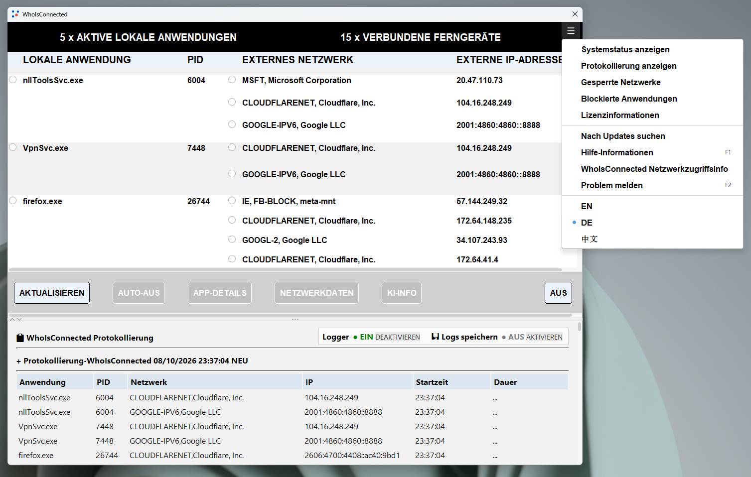 WhoIsConnected mit Windows-Prozessen, entfernten IPv4- und IPv6-Verbindungen, Logger und geöffnetem Hauptmenü