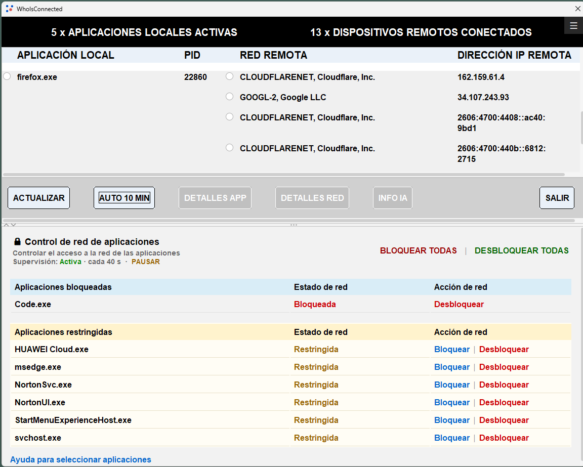 Control de red de WhoIsConnected con una aplicación bloqueada, supervisión activa y otras aplicaciones restringidas