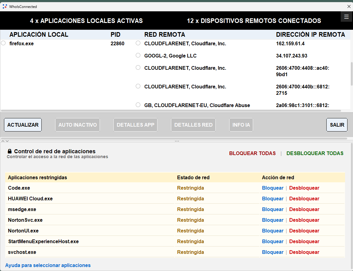 Lista Aplicaciones restringidas con Code.exe y otras aplicaciones, con acciones Bloquear y Desbloquear
