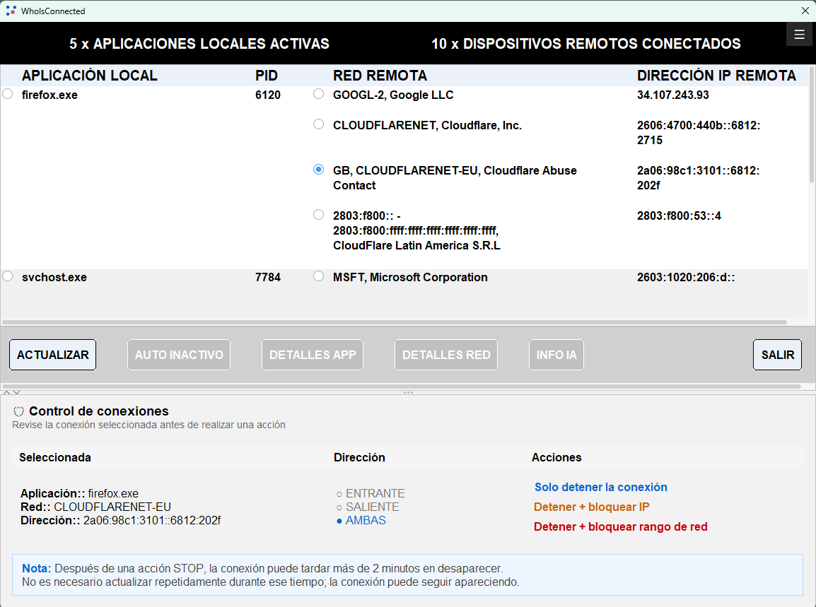 Control de conexiones individuales en WhoIsConnected