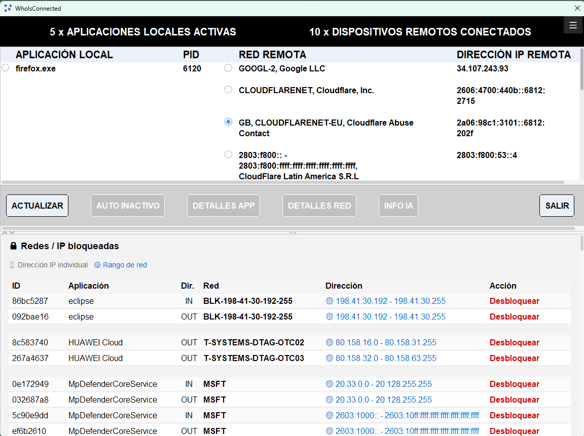 Lista de redes e IP bloqueadas con la acción Desbloquear