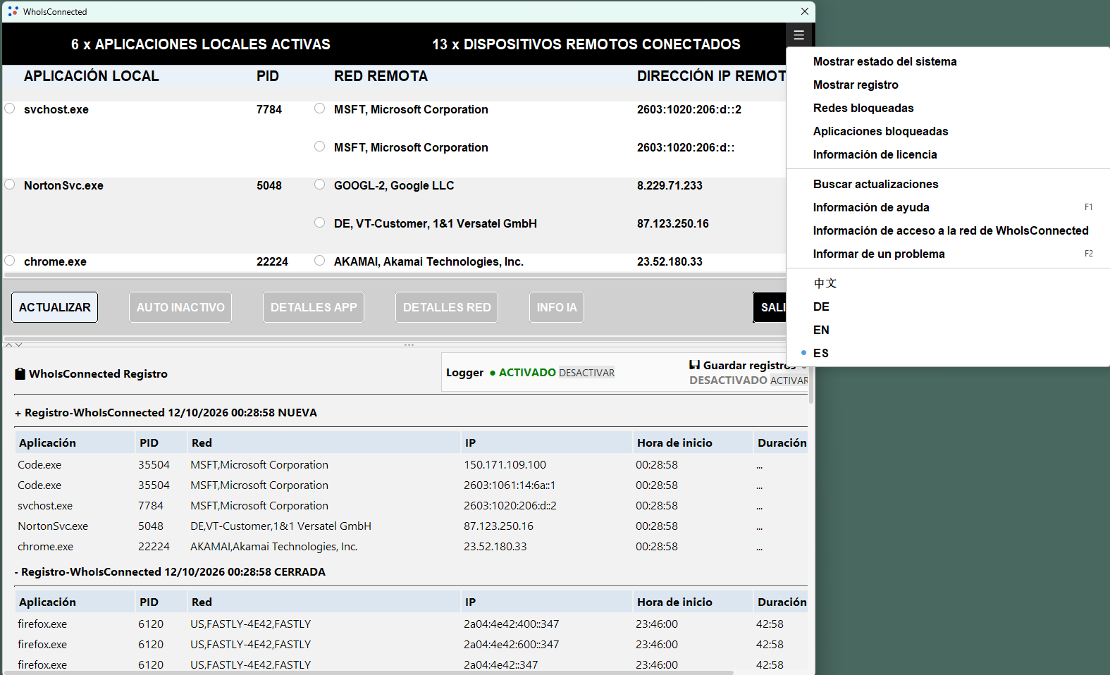 Registro de conexiones nuevas y cerradas en WhoIsConnected