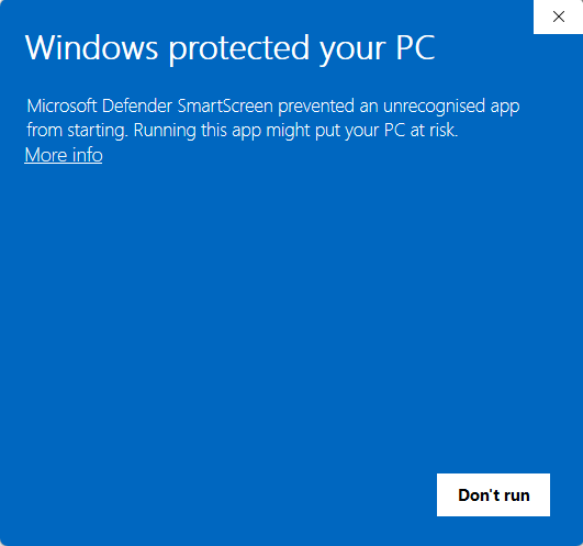 Windows protected your PC warning