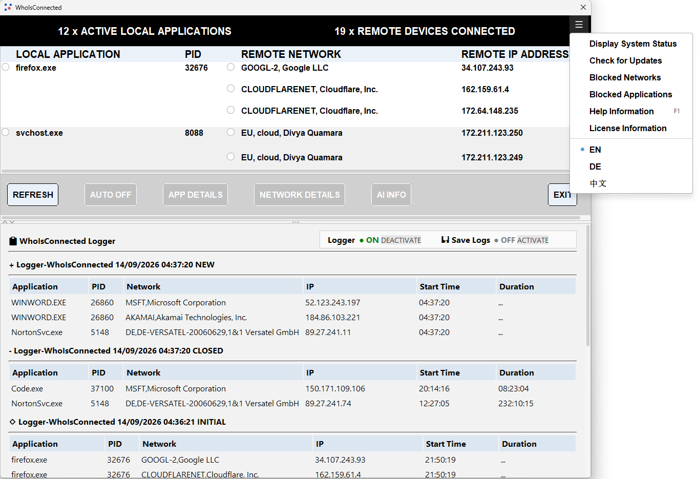 WhoIsConnected Logger showing new and closed Windows network connections