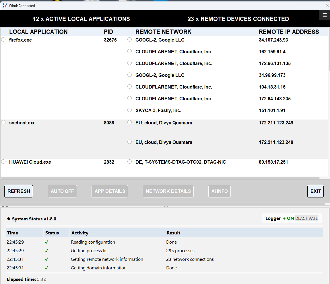 WhoIsConnected network monitoring view