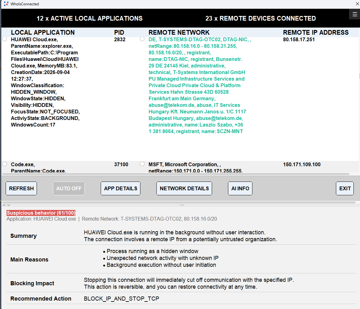 WhoIsConnected detailed application and network information