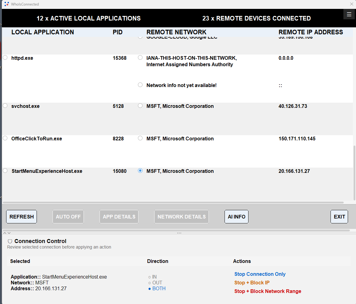 WhoIsConnected individual connection and network control