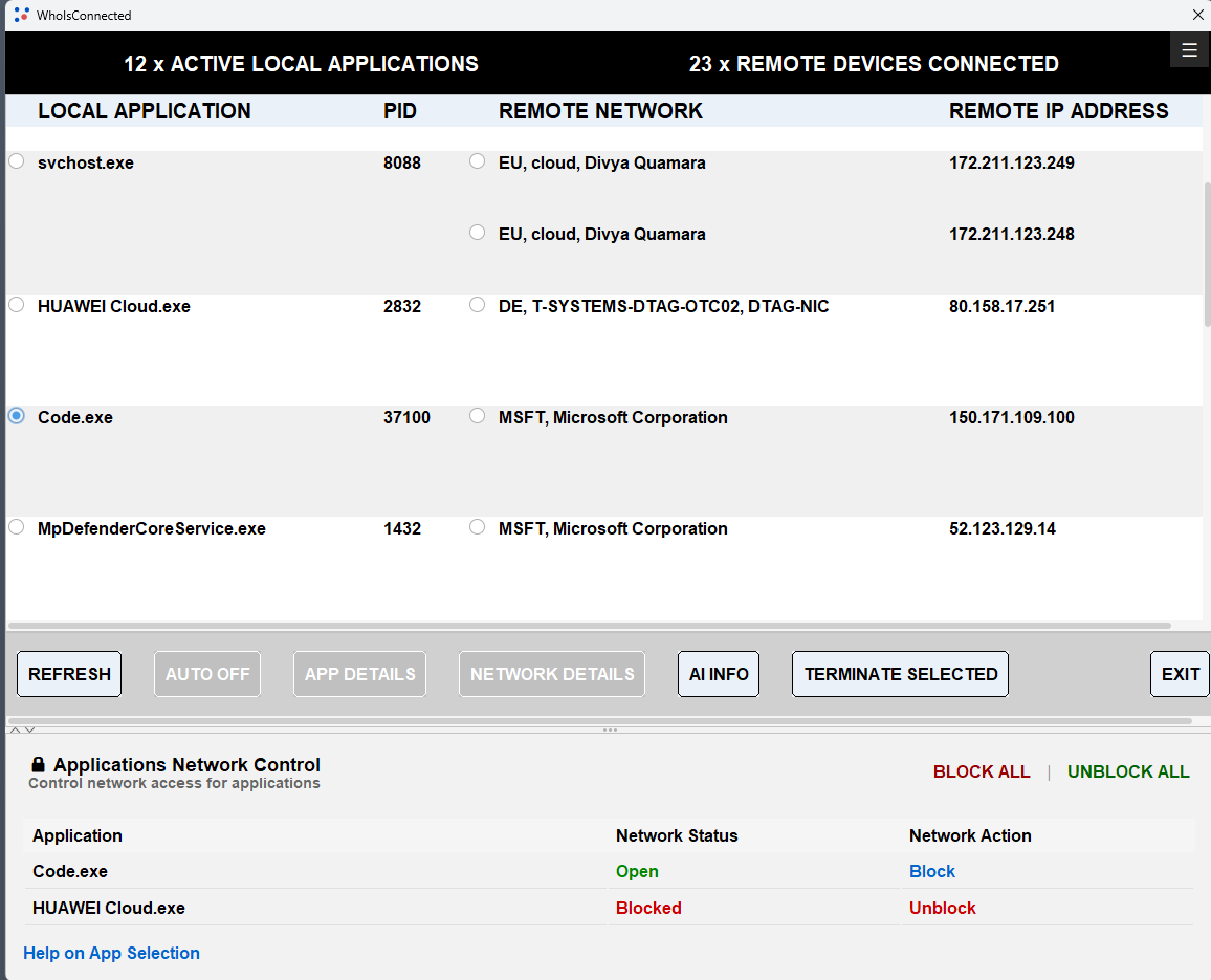 WhoIsConnected application network control