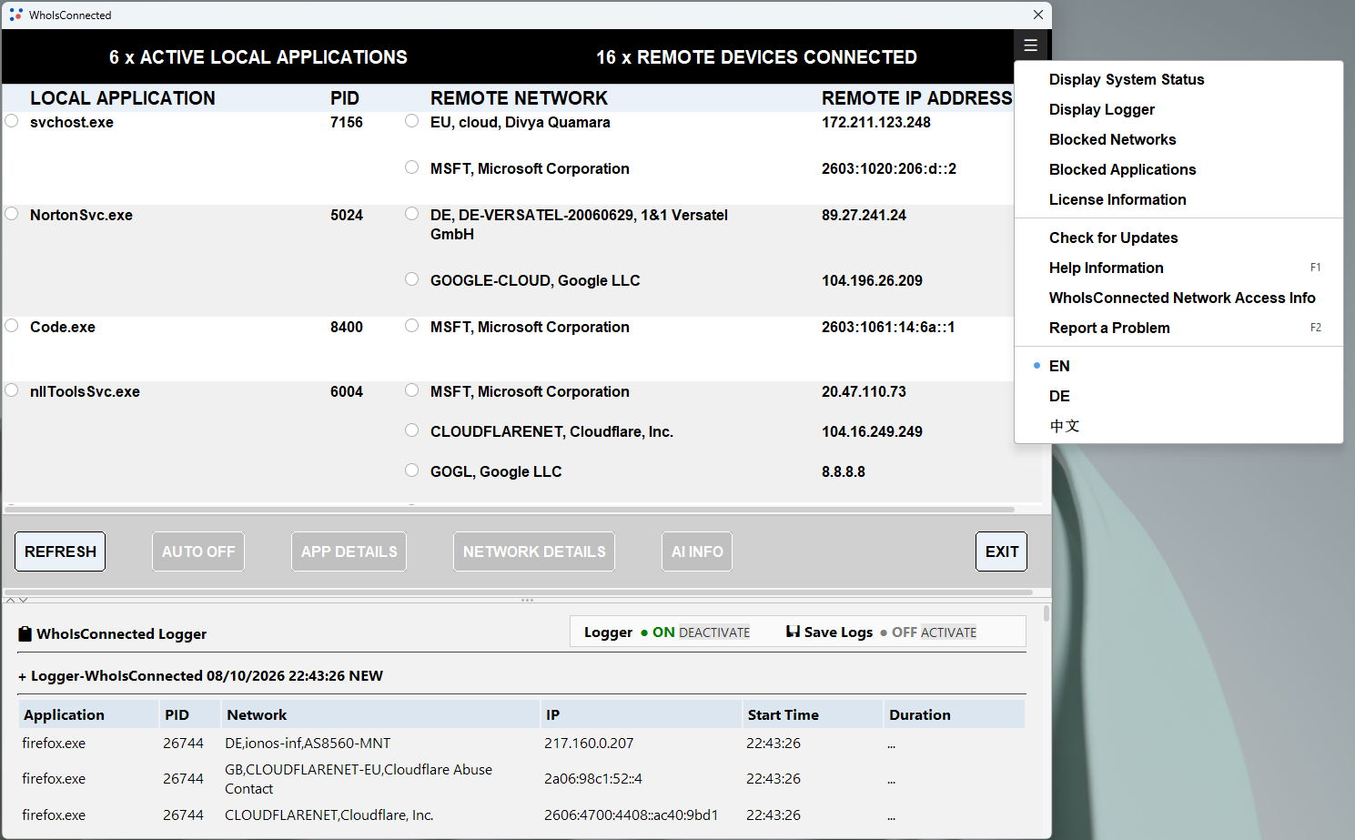 WhoIsConnected displaying Windows processes, IPv4 and IPv6 remote connections, the Logger panel and the expanded main menu