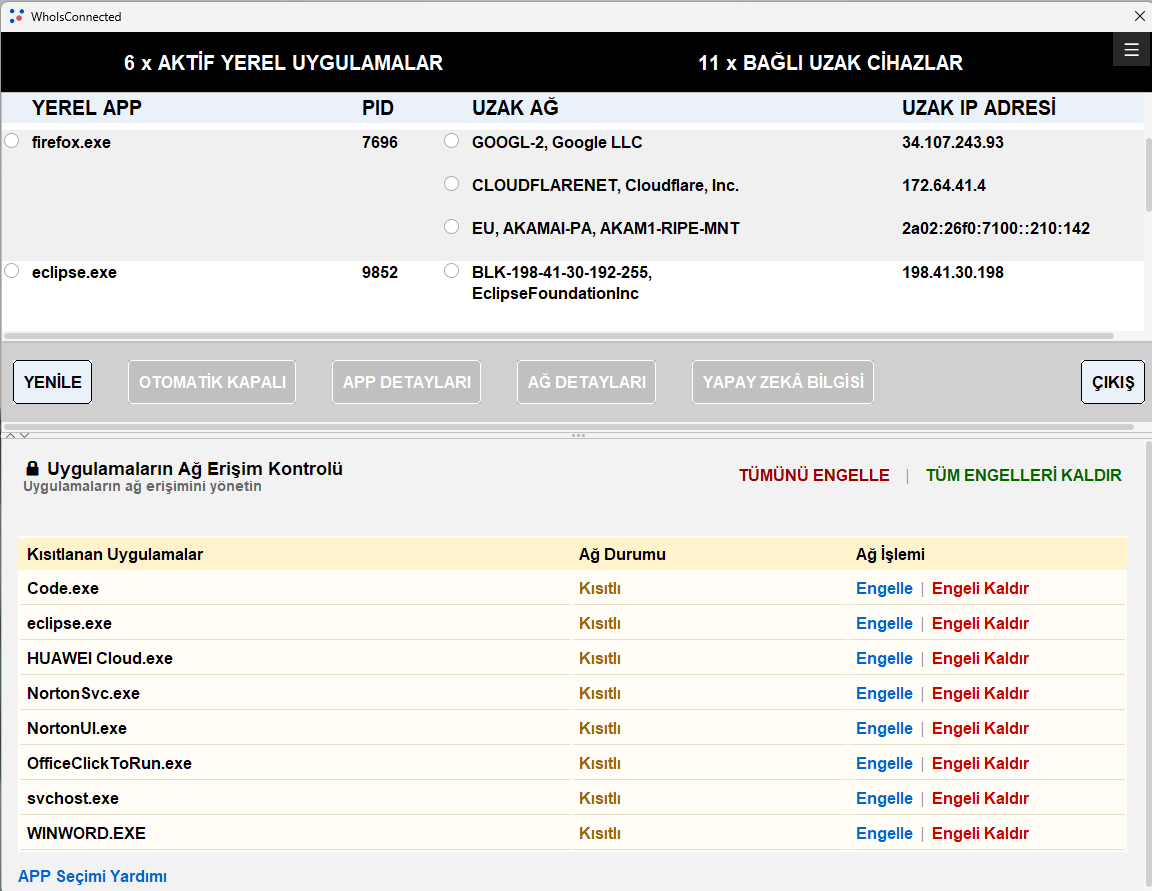 Code.exe ve diğer uygulamaların yer aldığı Kısıtlanmış Uygulamalar listesi
