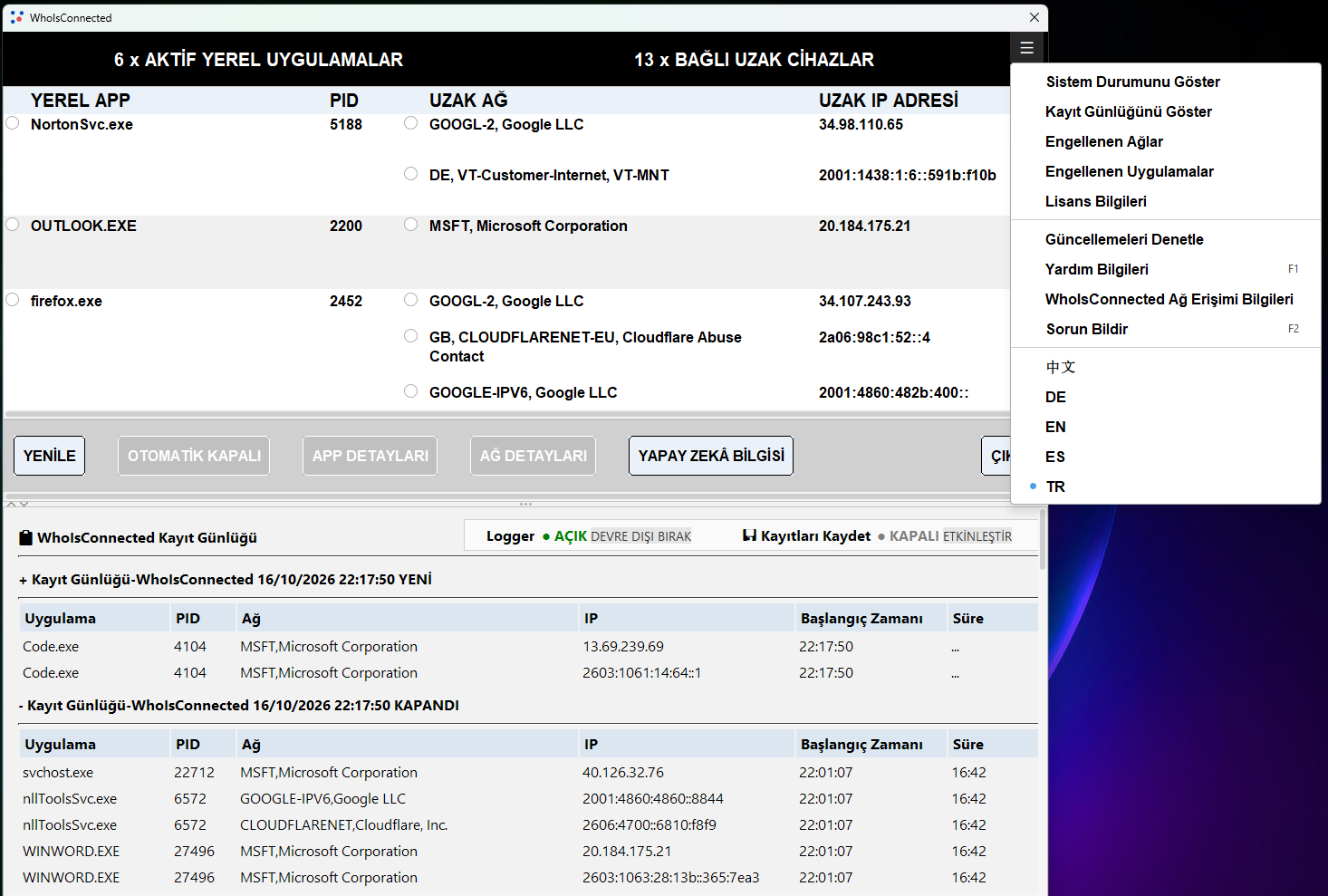 WhoIsConnected Logger yeni ve kapanmış Windows ağ bağlantılarını gösteriyor