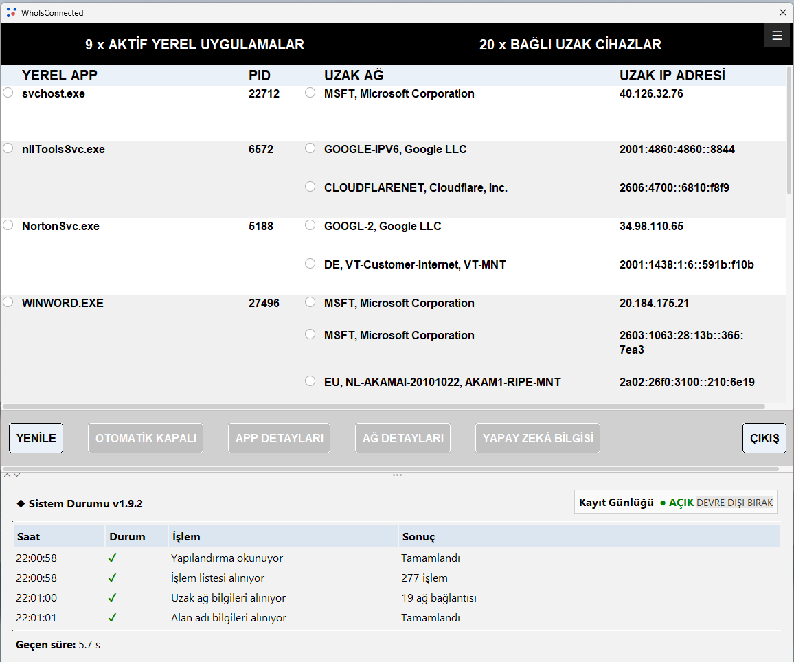 WhoIsConnected ağ izleme ekranı