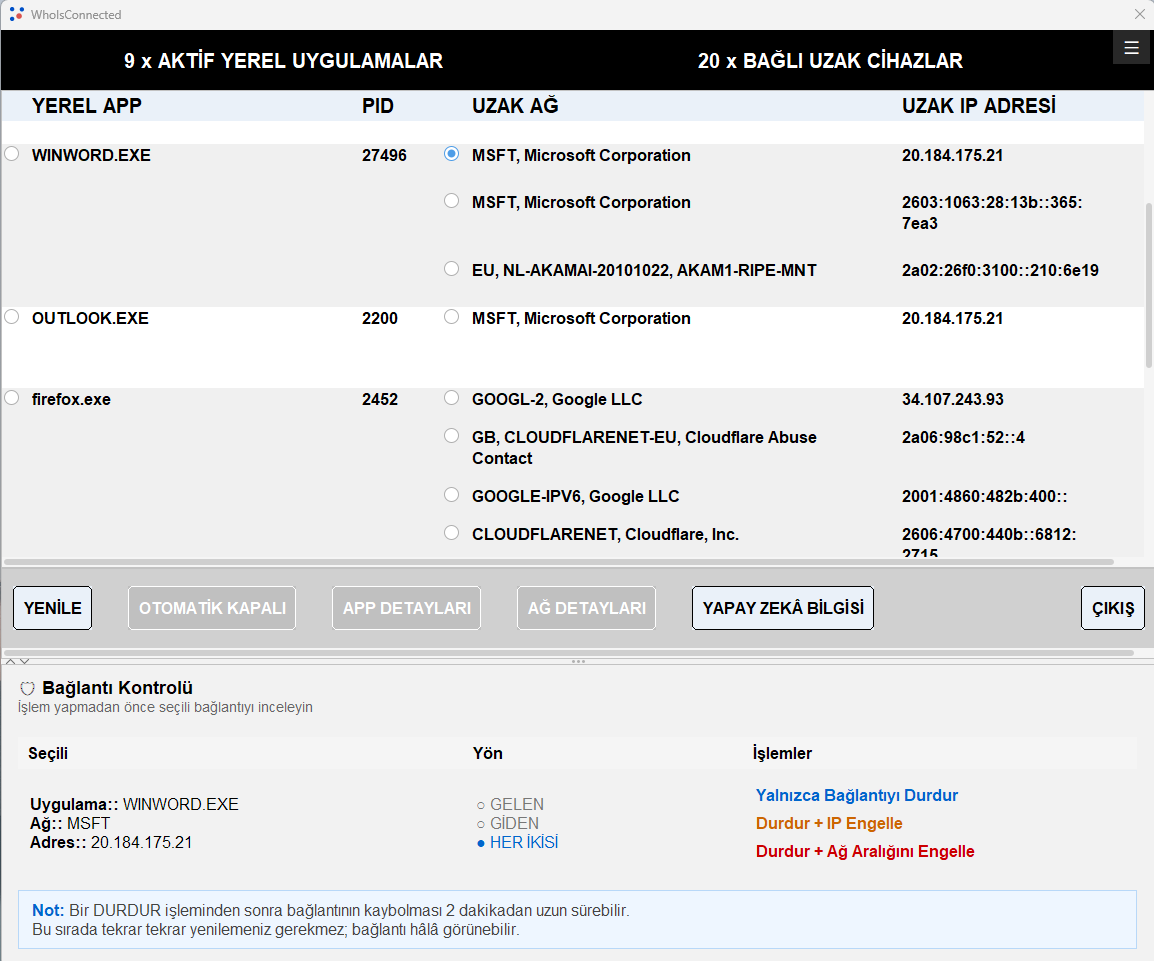WhoIsConnected bağlantı ve ağ kontrolü